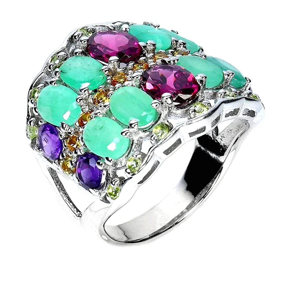 Natural Rhodolite 7x5mm,‎ Amethyst, Emerald 925 Sterling Silver Ring  Sz 8.5 - Picture 2 of 8